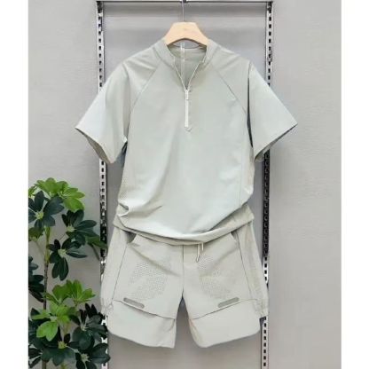 【整套】速乾潮流半拉鏈立領網眼短袖休閒褲兩件套裝