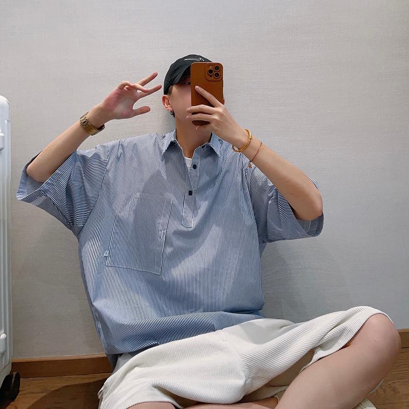 大碼百搭寬鬆情侶豎條紋薄款短袖襯衫