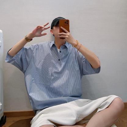大碼百搭寬鬆情侶豎條紋薄款短袖襯衫