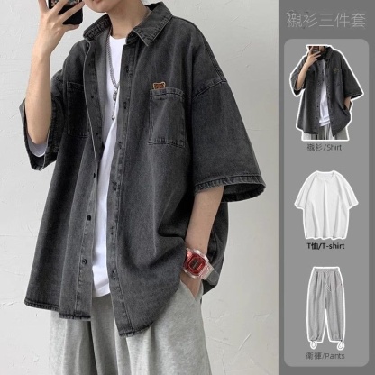 【單件/套裝】美式寬鬆慵懶短袖+牛仔襯衫+休閒褲三件套裝