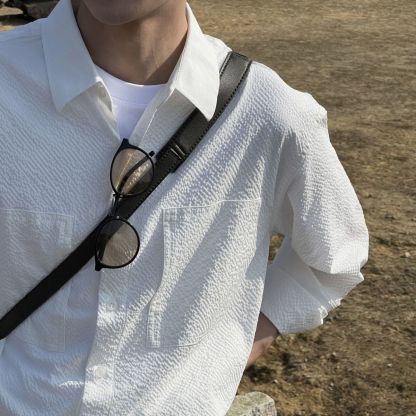 【單件/套裝】韓系時尚咖色泡泡肌理面料襯衫+寬松百搭休閑西褲兩件套