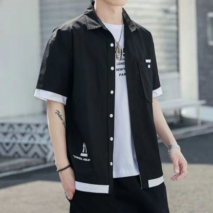 Ins港風假兩件韓版潮流寬鬆休閒襯衣