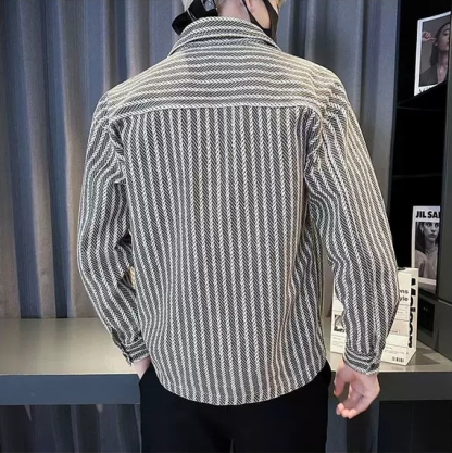 復古英倫風寬鬆口袋痞帥氣質條紋夾克外套