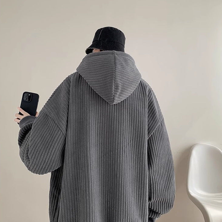 抽繩燈芯絨連帽加絨加厚潮牌衛衣