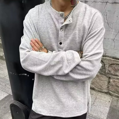 寬鬆休閒美式復古純色打底衫紐扣套頭長袖t恤