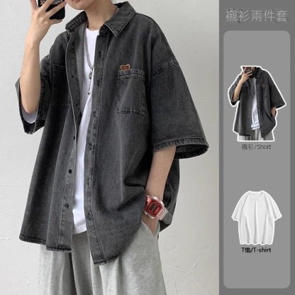 【單件/套裝】美式寬鬆慵懶短袖+牛仔襯衫+休閒褲三件套裝