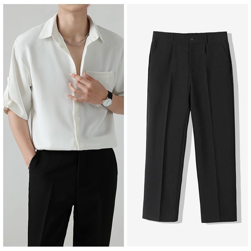 【單件/套裝】冰絲設計感七分短袖襯衫+休閒西褲兩件套裝