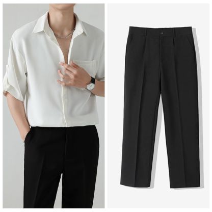 【單件/套裝】冰絲設計感七分短袖襯衫+休閒西褲兩件套裝