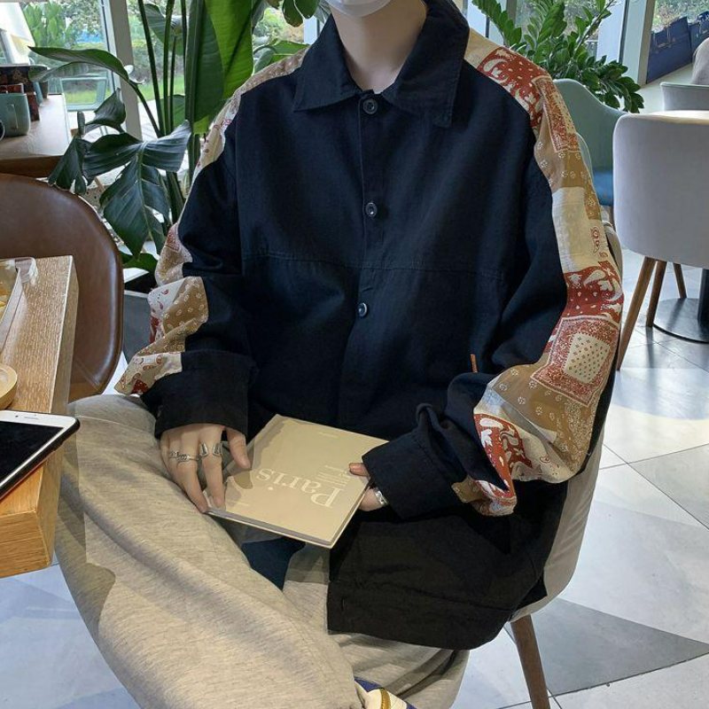 休閒工裝拼接花袖寬鬆文藝夾克外套