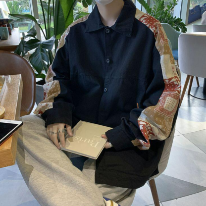 休閒工裝拼接花袖寬鬆文藝夾克外套