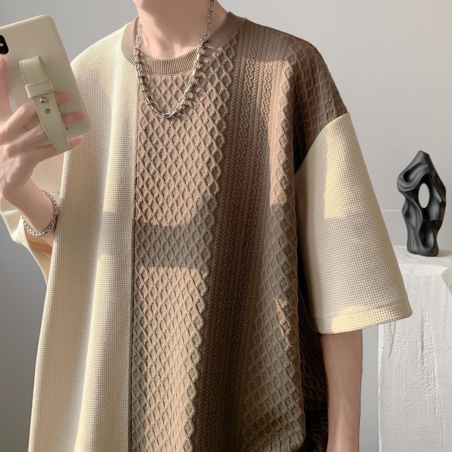 美式復古華夫格設計感拼接撞色短袖t恤