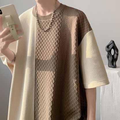 美式復古華夫格設計感拼接撞色短袖t恤