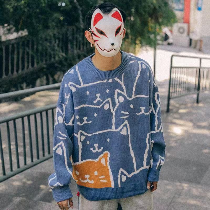 小貓可愛復古慵懶風圓領長袖針織衫