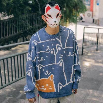 小貓可愛復古慵懶風圓領長袖針織衫