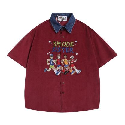 @美式復古寬鬆刺繡拼接牛仔領短袖襯衫