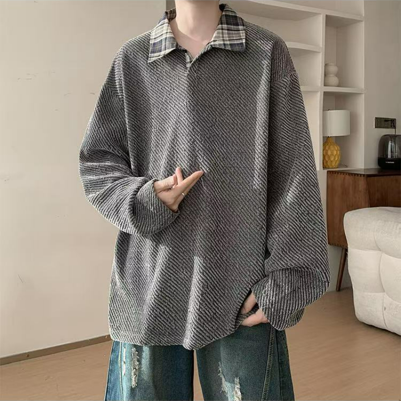 假兩件針織polo打底衫寬鬆大碼長袖t恤