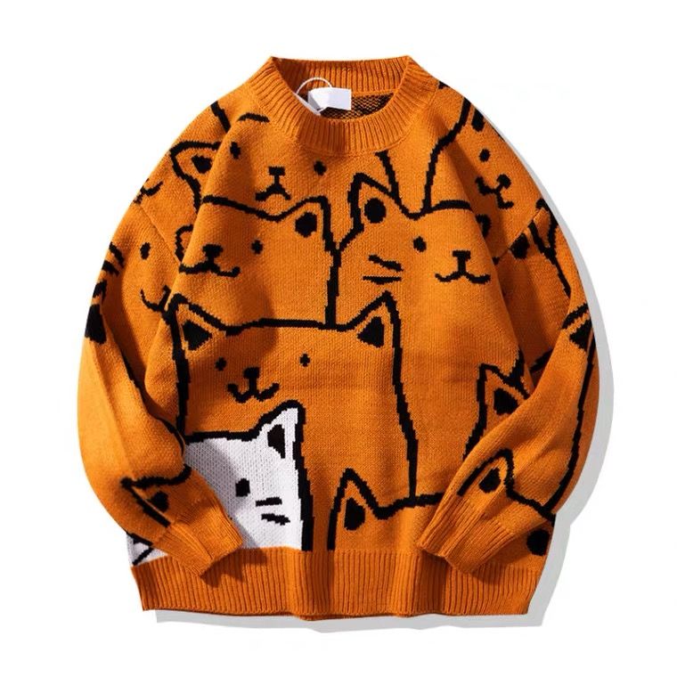 小貓可愛復古慵懶風圓領長袖針織衫