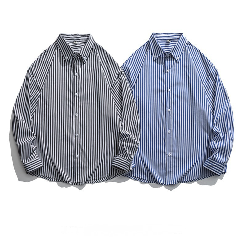 復古豎條紋潮牌翻領長袖襯衫