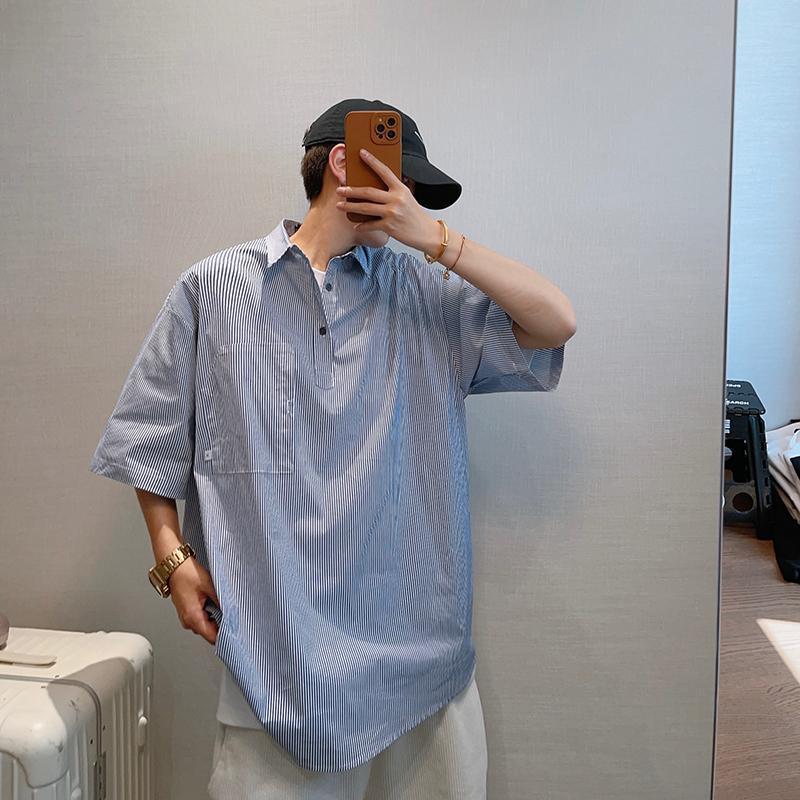 大碼百搭寬鬆情侶豎條紋薄款短袖襯衫