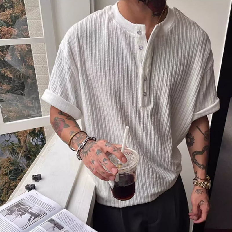 肌理褶皺軟糯感亨利領修身V領短袖t恤