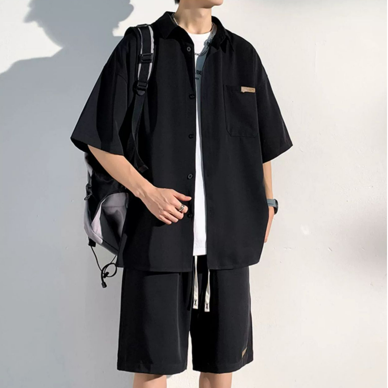【整套】時尚痞帥寬松冰絲短袖襯衫+運動休閑短褲兩件套