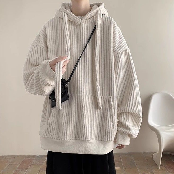 抽繩燈芯絨連帽加絨加厚潮牌衛衣