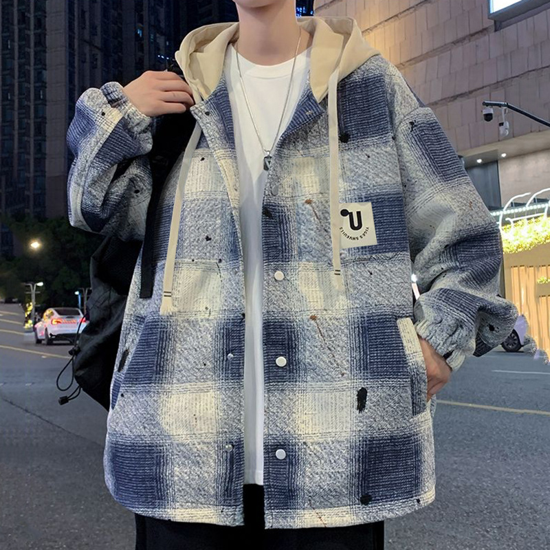 格子連帽潮流帥氣棒球服長袖夾克