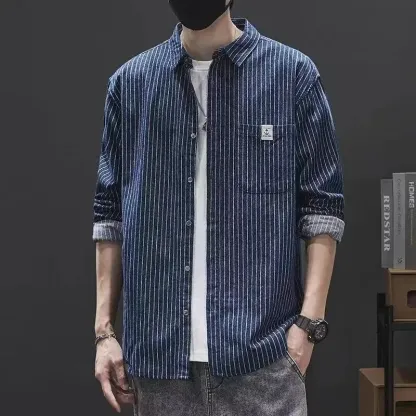 潮牌日系條紋打底長袖內搭寬鬆休閒襯衫