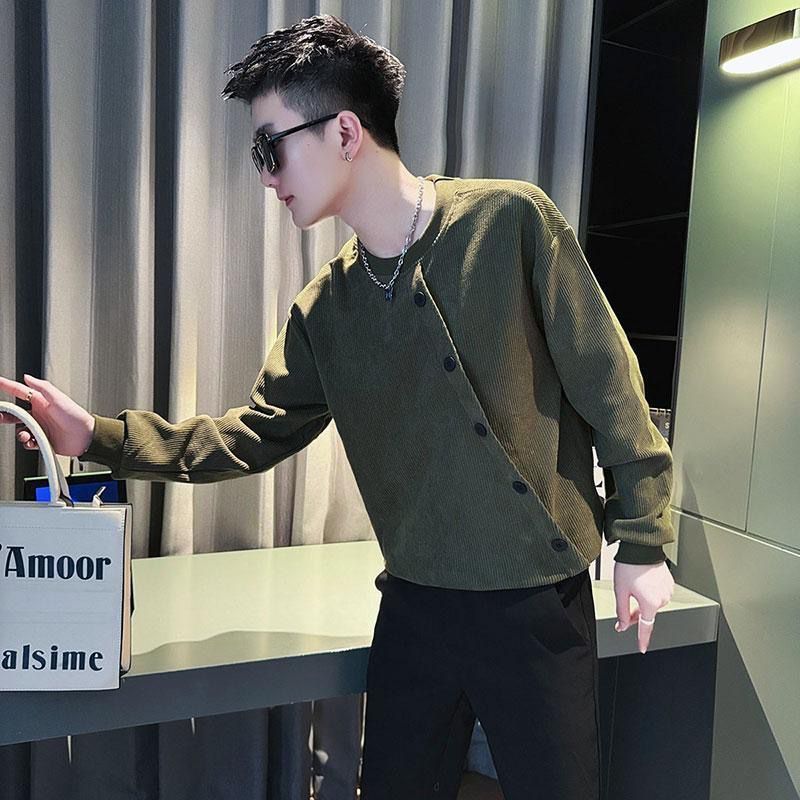 潮牌痞帥排扣打底衫燈芯絨長袖T恤