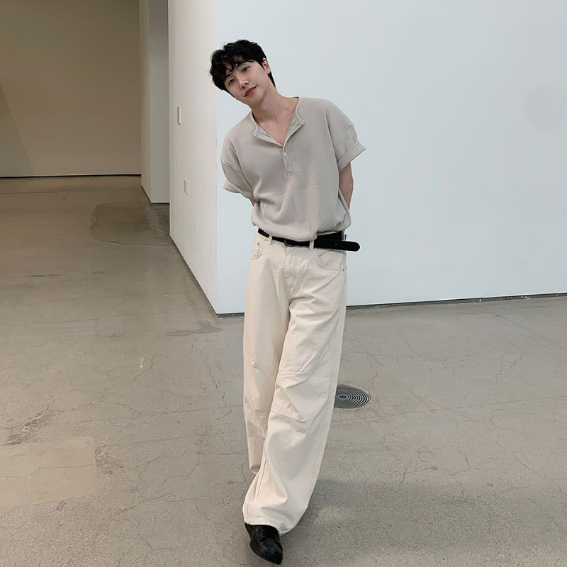 亨利領螺紋華夫格韓版透氣休閒百搭時尚短袖t恤