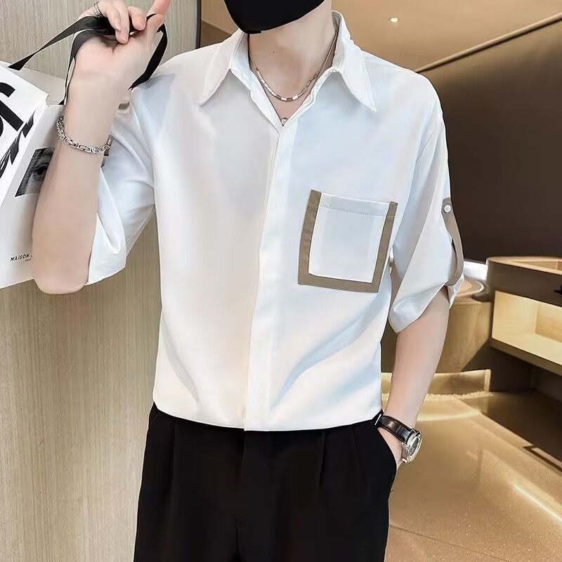 高級感時尚潮流痞帥拼接撞色短袖襯衫