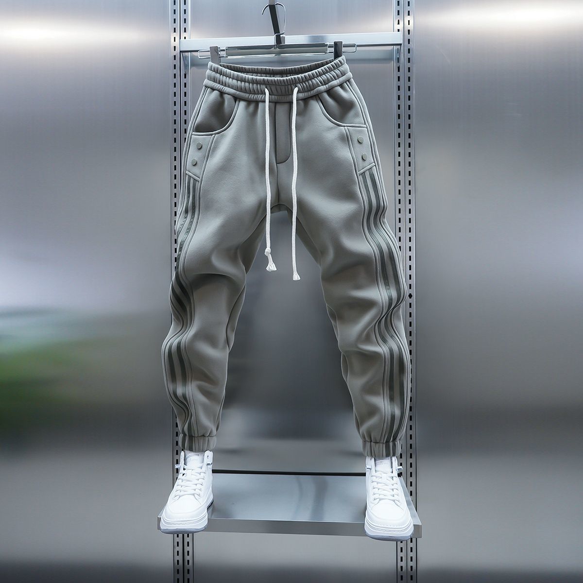 拼接豎條潮流鬆緊腰百搭時尚束腳運動休閒褲