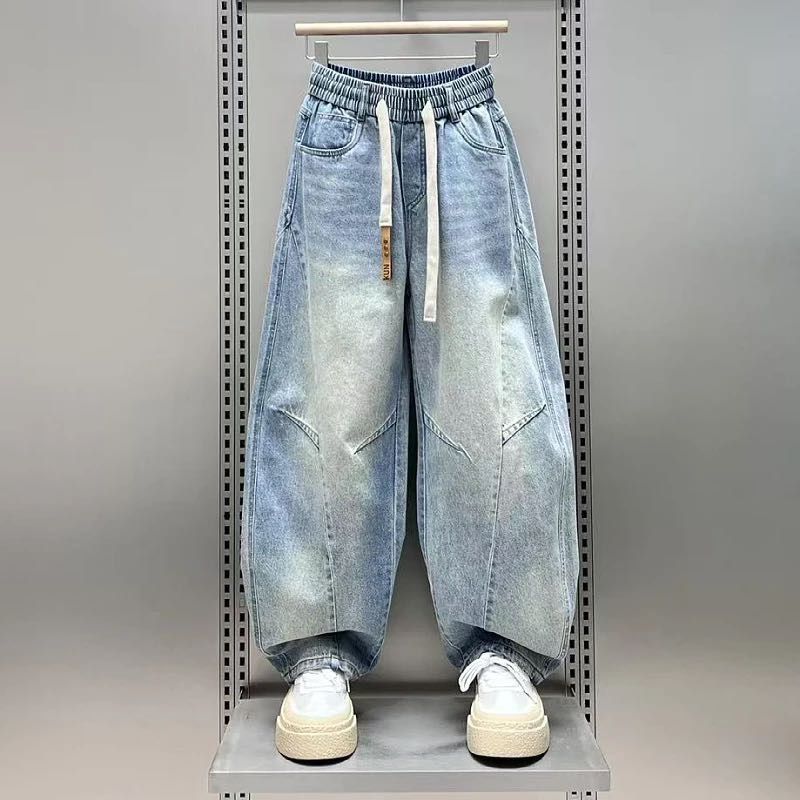 大碼直筒寬鬆闊腿褲美式潮流彎刀牛仔長褲