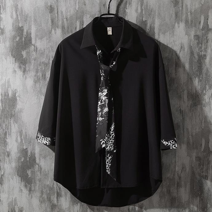 Ins潮牌韓版帥氣學生百搭七分袖潮流學院風寬鬆情侶襯衣上衣-Nuostyle