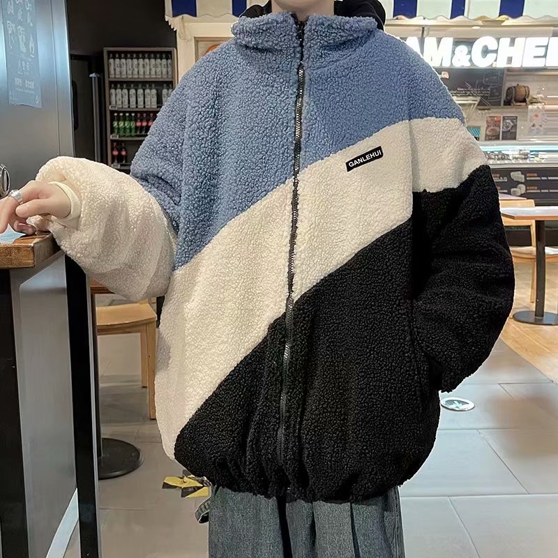 韓版寬鬆簡約立領夾克潮流拼色羊羔絨情侶外套