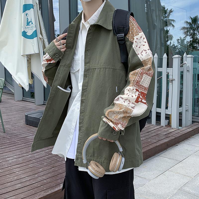 休閒工裝拼接花袖寬鬆文藝夾克外套