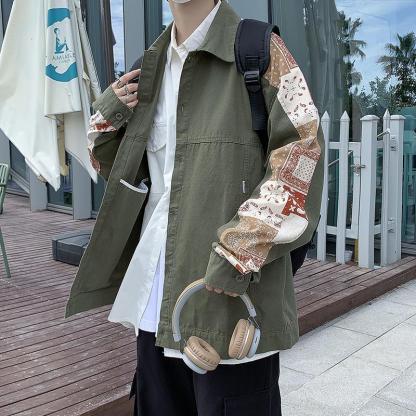 休閒工裝拼接花袖寬鬆文藝夾克外套