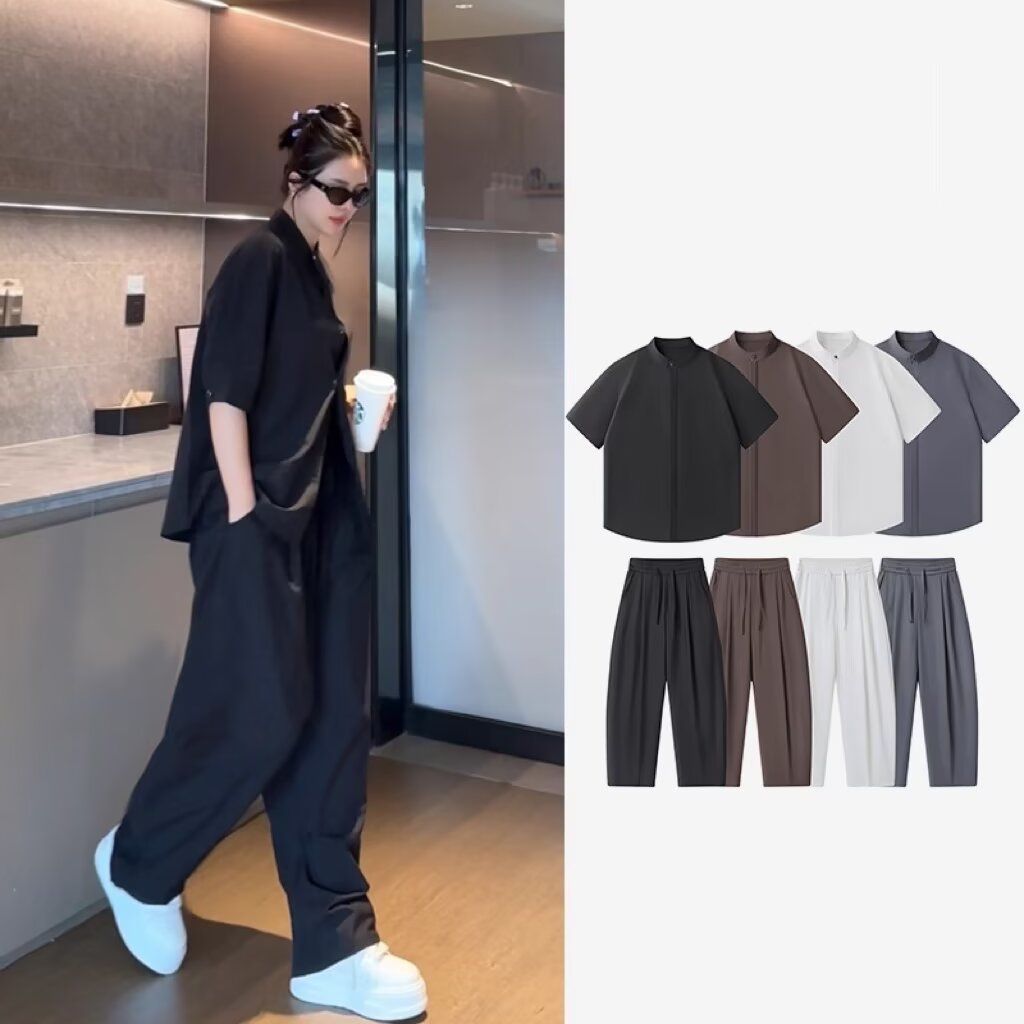 【單件/套裝】韓版潮流素色薄款冰絲襯衫+百搭休閑西裝兩件套