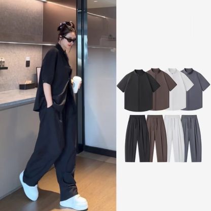 【單件/套裝】韓版潮流素色薄款冰絲襯衫+百搭休閑西裝兩件套