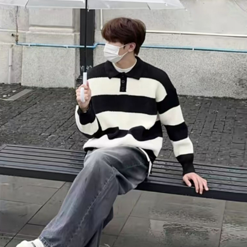POLO衫翻領條紋寬鬆慵懶風針織衫毛衣