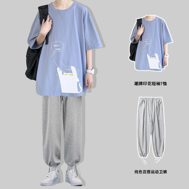 【單件/套裝】ins潮牌貓咪印花短袖t恤+運動束腳褲裝兩件套套裝