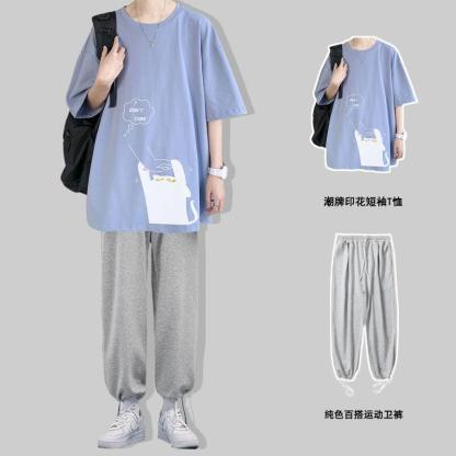 【單件/套裝】ins潮牌貓咪印花短袖t恤+運動束腳褲裝兩件套套裝