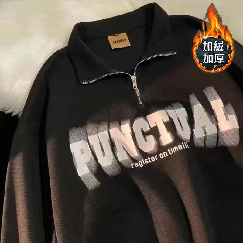 半拉鍊polo美式復古長袖翻領衛衣