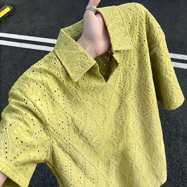 @鏤空提花輕薄透氣慵懶鬆弛感短袖Polo衫