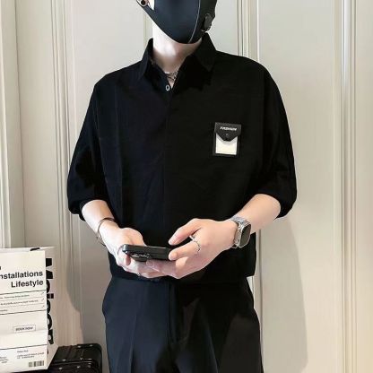 潮流時尚休閒寬鬆痞帥冰絲五分短袖襯衫