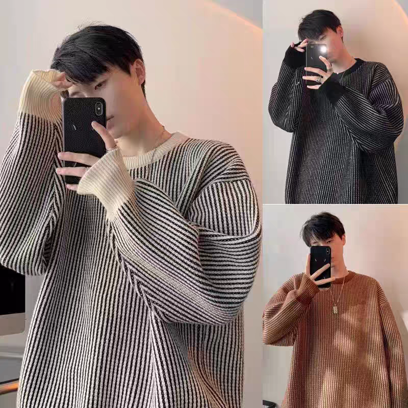 慵懶風圓領毛衣港風百搭寬鬆條紋針織衫