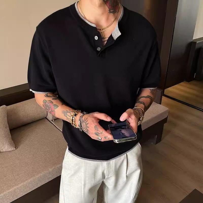 假兩件亨利領POLO衫輕熟風收腰正肩短袖T恤