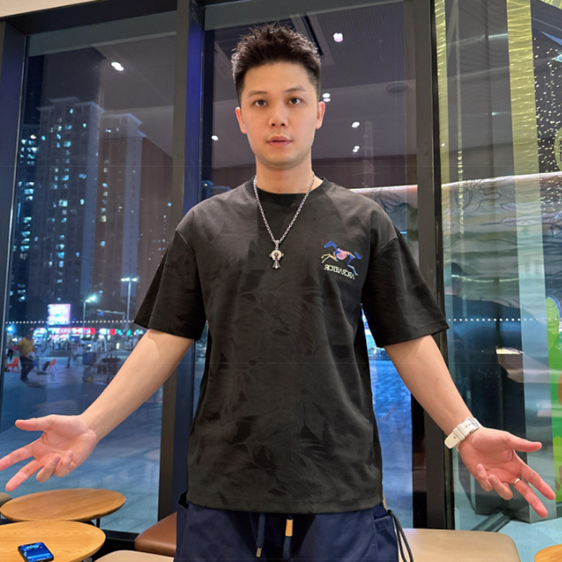 時尚痞帥棉質扎染恐龍馬刺繡短袖T恤