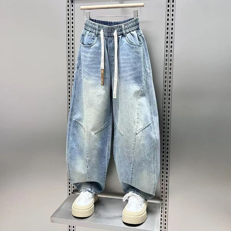 大碼直筒寬鬆闊腿褲美式潮流彎刀牛仔長褲