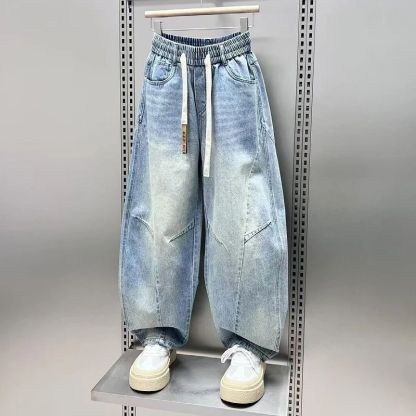 大碼直筒寬鬆闊腿褲美式潮流彎刀牛仔長褲